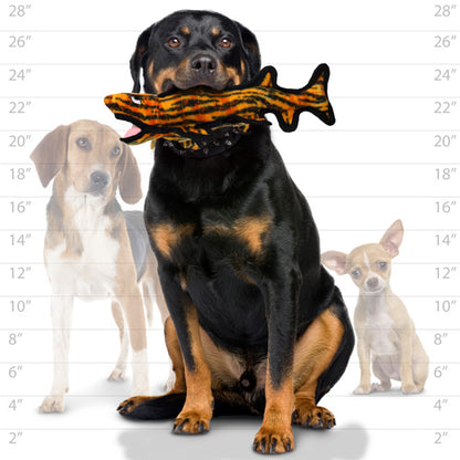 A size comparison showing a Rottweiler holding the tiger-striped shark dog toy in its mouth, with a Beagle and Chihuahua in the background for scale.