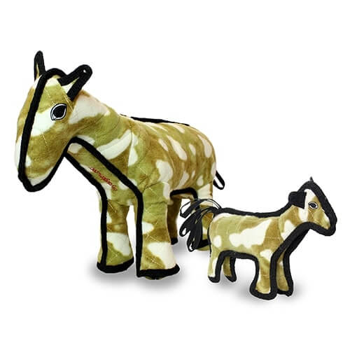 Two plush horse toys from Tuffy in different sizes, standing side by side with matching patterns.