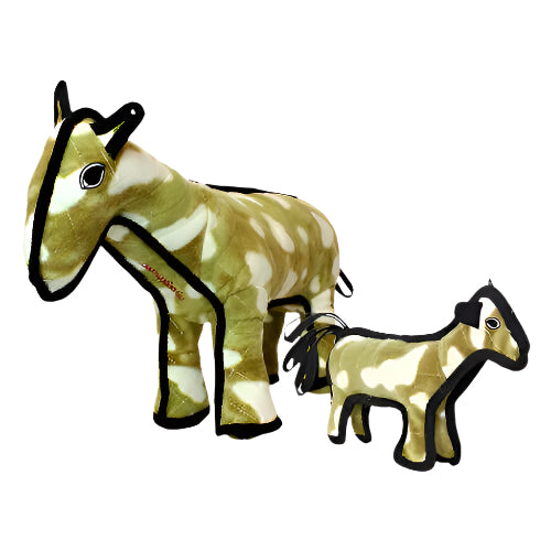 Two plush horse toys from Tuffy in different sizes, standing side by side with matching patterns.