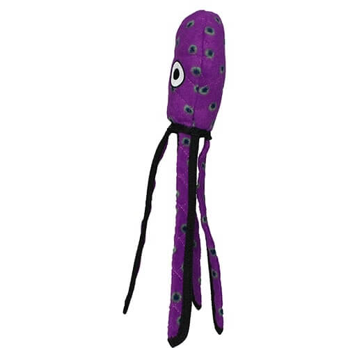 A side view of the purple octopus dog toy from Tuffy, with long, dangling legs and spotted details.