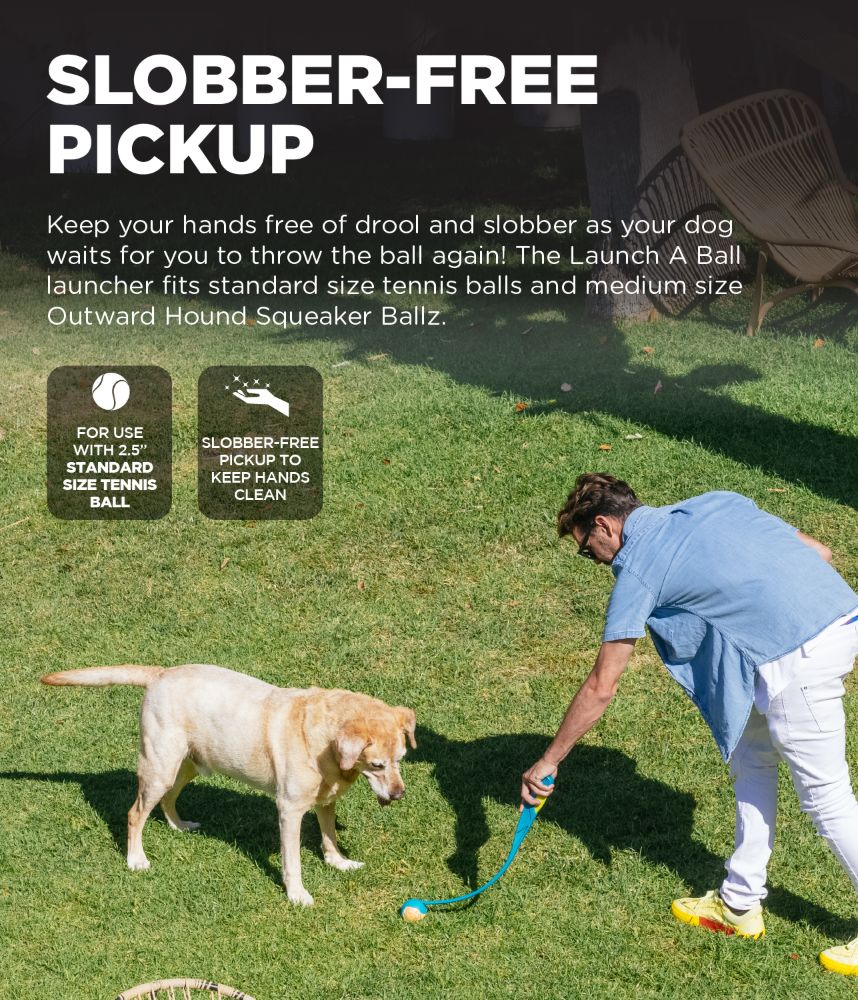 Man picking up a ball with the Outward Hound launcher, advertising its slobber-free pickup feature, while a dog waits to fetch.