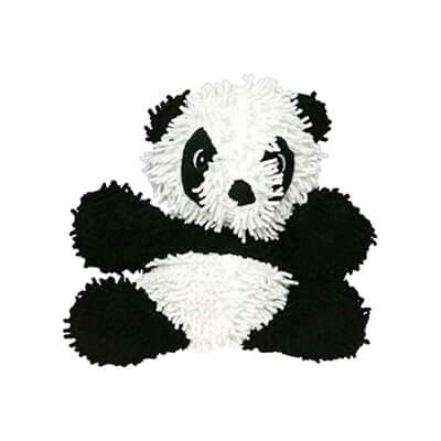 A front view of the plush panda dog toy, highlighting its fluffy black and white body and soft microfiber material.