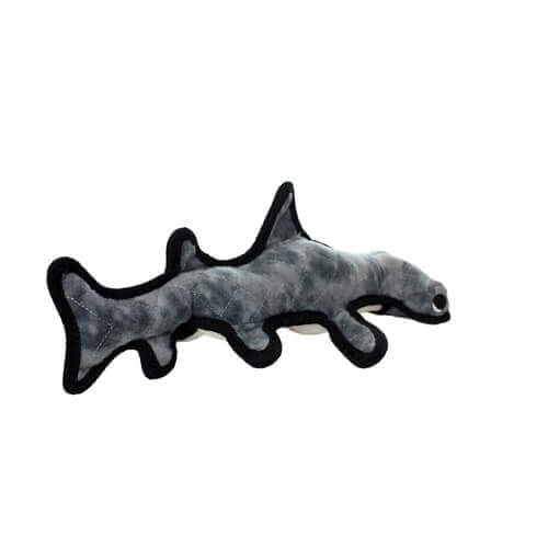 Side view of the gray hammerhead shark Tuffy dog toy, featuring durable stitching and soft construction.