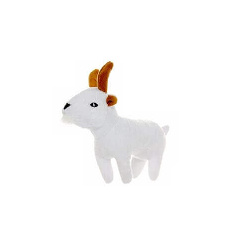 A small plush goat-shaped dog toy with a white body, brown horns, and embroidered eyes. Designed for durable play.