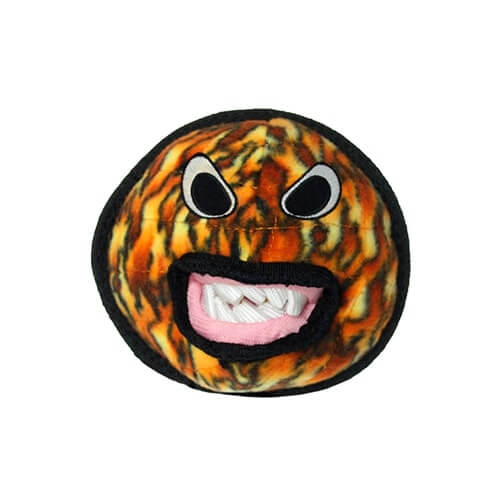 Dog toy with tiger stripe pattern and open mouth design on a white background