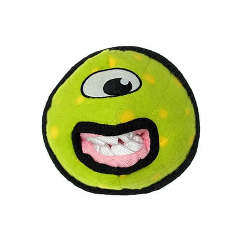 Green plush toy with a face design on a white background