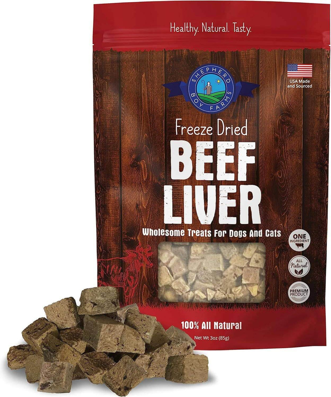 Shepherd's Boy Freeze Dried Beef Liver treats for dogs and cats with packaging on a white background