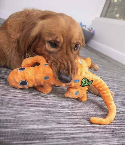 Golden retriever playing with a plush orange lizard-shaped dog toy with black and white eyes, blue spots, and a "goDog" logo, ideal for interactive fun.