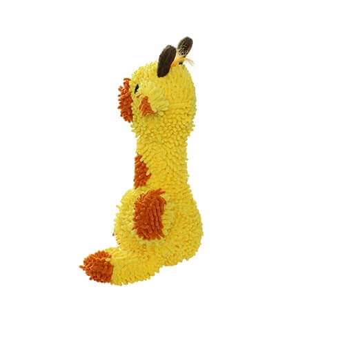 Mighty® Micro Ball Giraffe Dog Toy: Side view of a plush giraffe-shaped toy with a fuzzy yellow body, orange spots, brown ossicones, and black embroidered eyes. Soft and playful.