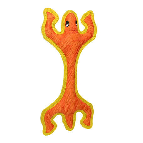 Durable orange and yellow lizard-shaped dog toy with a smiling face, squeaky, floats, washable, perfect for interactive play.