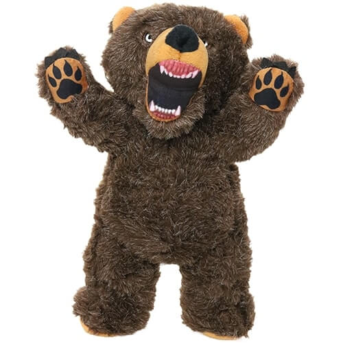 Plush bear-shaped dog toy with brown fur, an open mouth showing teeth, and raised paws.