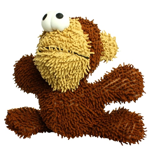 A brown and tan plush monkey-shaped dog toy with large googly eyes and a fluffy microfiber texture, shown sitting upright.