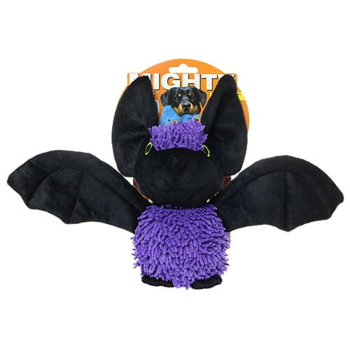 The bat plush dog toy in its original packaging labeled "Mighty Microfiber Balls," featuring large black wings and a fluffy purple body.