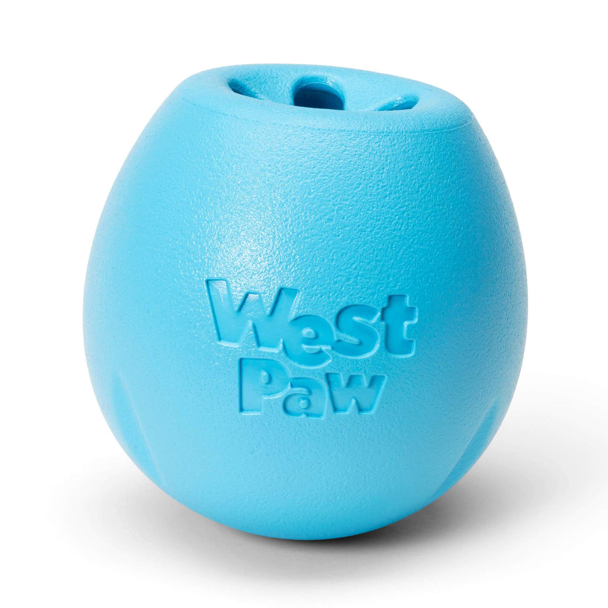 A bright blue textured rubber dog toy with the brand name 'West Paw' embossed on the front, shown on a clean white background.