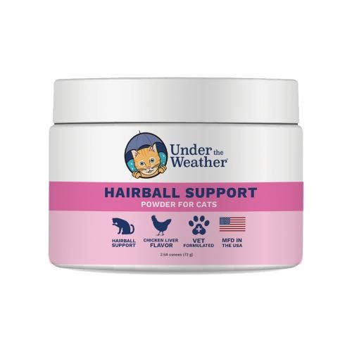 Jar of 'Under the Weather' hairball support powder for cats on a white background