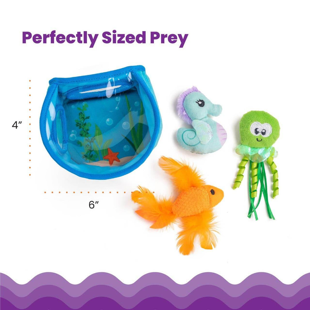 Assorted pet toys including a fish, seahorse, and octopus with a blue pouch labeled 'Perfectly Sized Prey'.