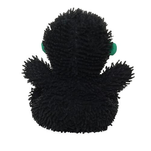 Rear view of a Frankenstein-themed plush dog toy, showing the black microfiber texture and plush design without facial features.