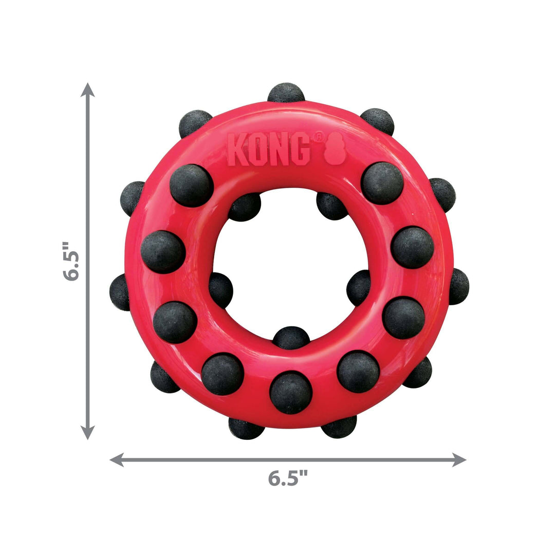 6.5-inch red KONG Dotz Ring chew toy for dogs with raised black nubs for gum massage and gripping