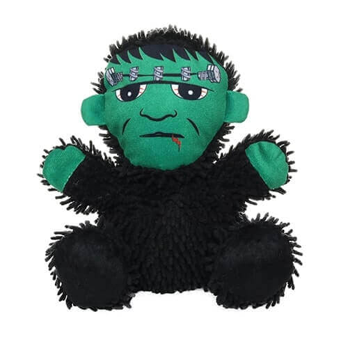 A green and black Frankenstein-themed plush dog toy with microfiber texture and stitched facial details, featuring bolts on its head.