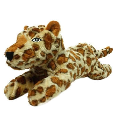 Plush leopard toy with soft, spotted fur, lying in a stretched-out position.