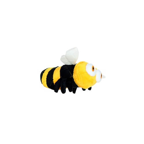 The image displays a front-side view of a plush dog toy designed to resemble a bee. The toy features a yellow and black striped body with a round yellow head and large white eyes with orange pupils. The bee has black legs and white wings attached to its body. The toy's soft, plush texture and bright colors make it visually appealing and engaging for dogs to play with.