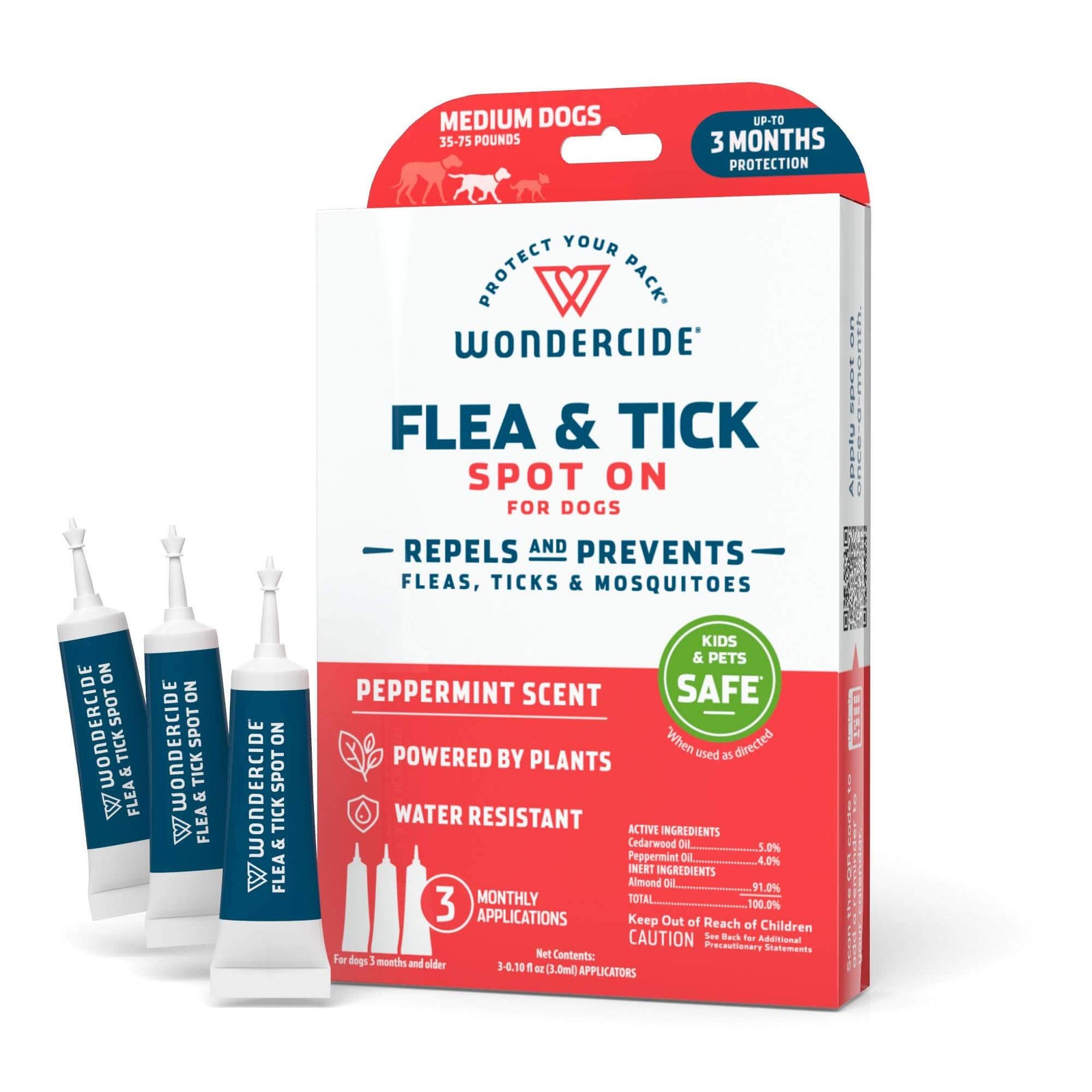 Wondercide flea and tick spot on for dogs packaging with three spot on applicators.
