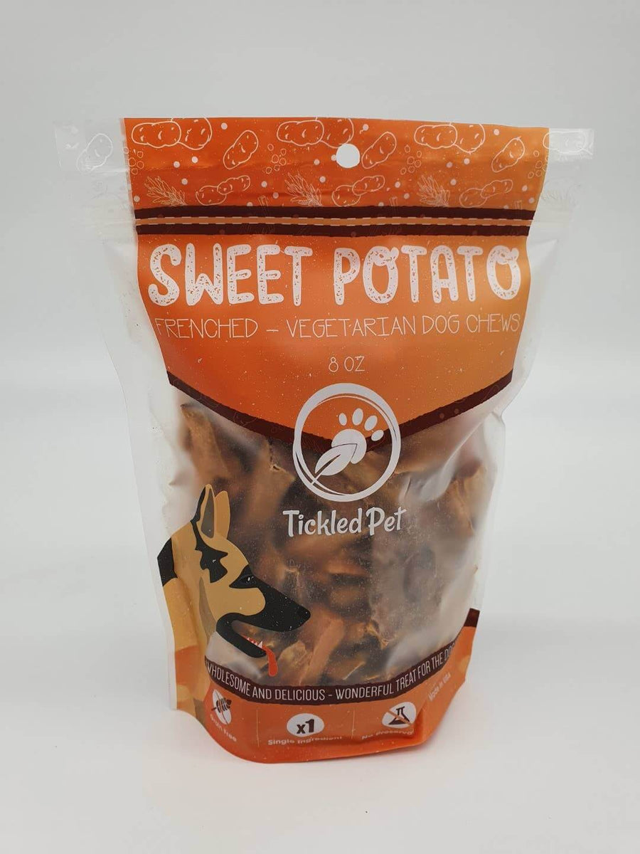 Package of Tickled Pet sweet potato dog chews on a white background