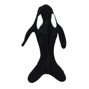 Top view of the Tuffy killer whale dog toy, showcasing its black body with white eye spots and strong stitching.