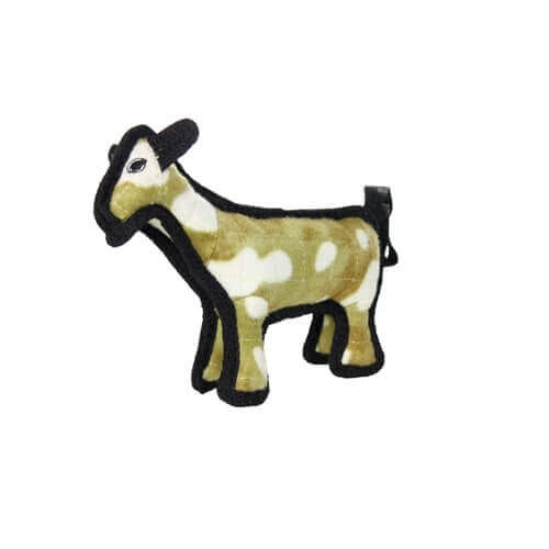 Front and side view of a small plush horse toy from Tuffy, showcasing its camouflage pattern and soft body.