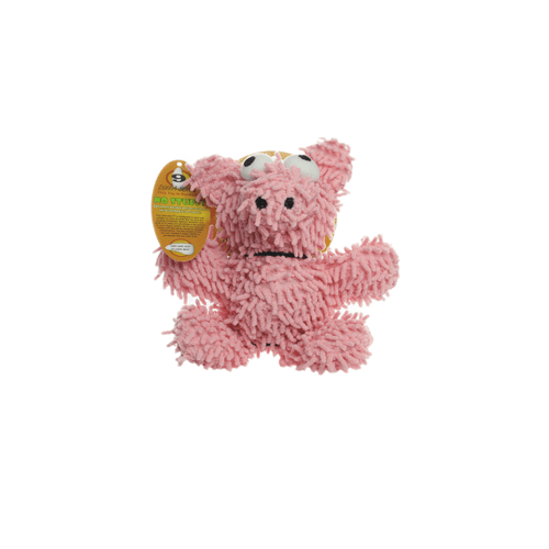 Small pink plush dog toy with a shaggy texture and large googly eyes, featuring a tag attached to its ear.