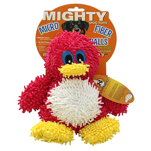 The red penguin plush dog toy in its original packaging labeled "Mighty Microfiber Ball," featuring the toy's soft texture and durability.