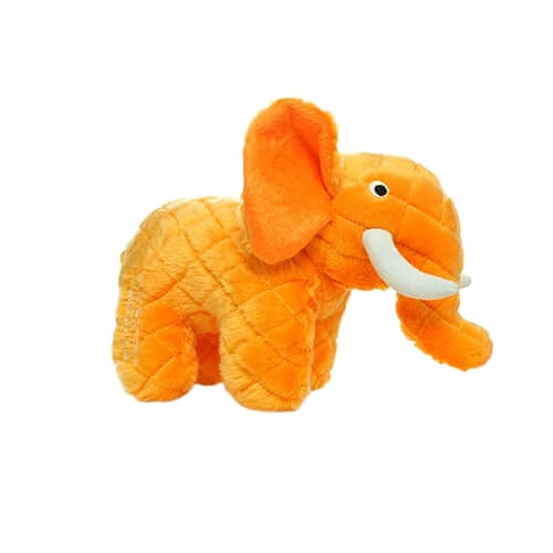 A small plush elephant-shaped dog toy with an orange body, white tusks, and embroidered eyes. Designed for durable play.