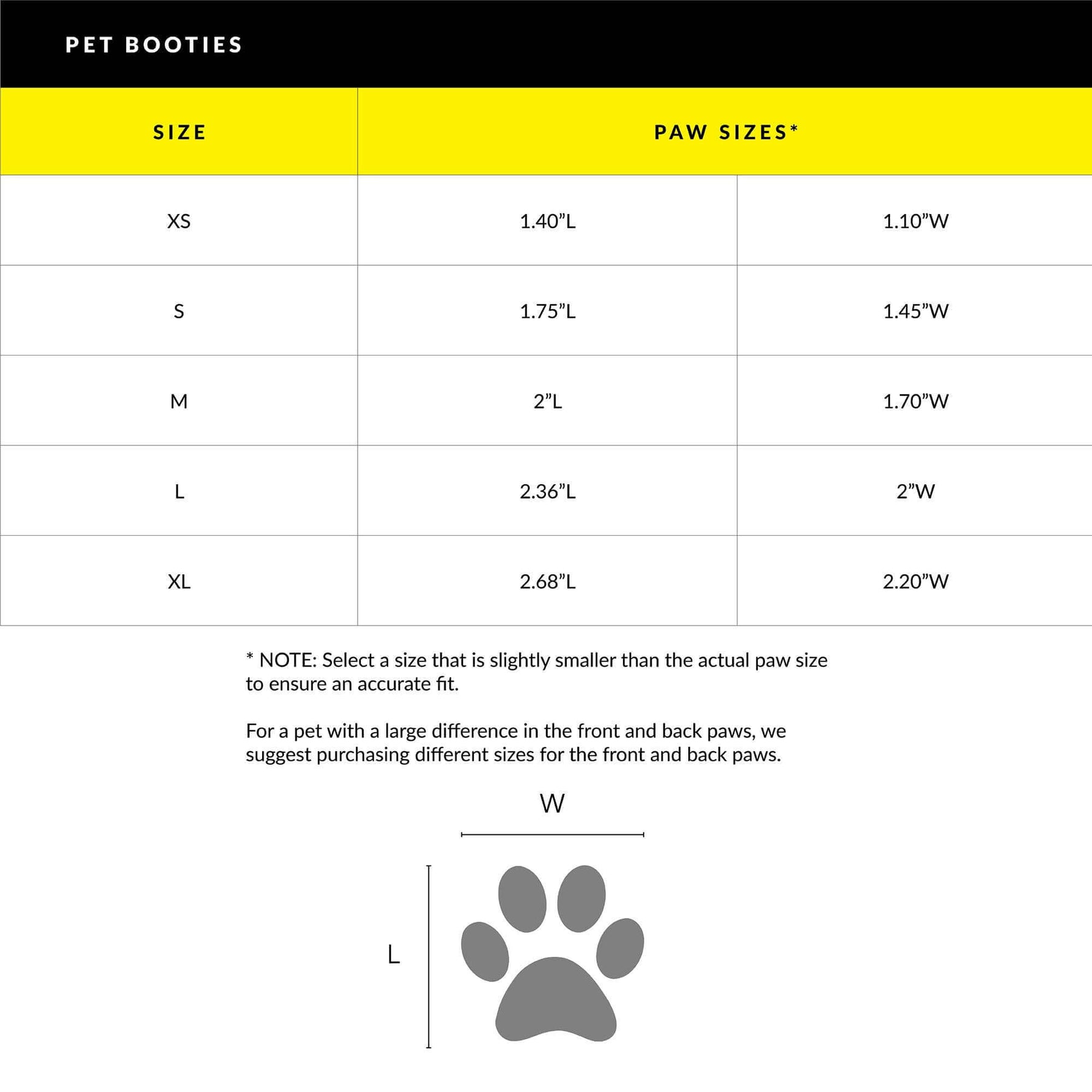 Pet booties size chart with paw measurements