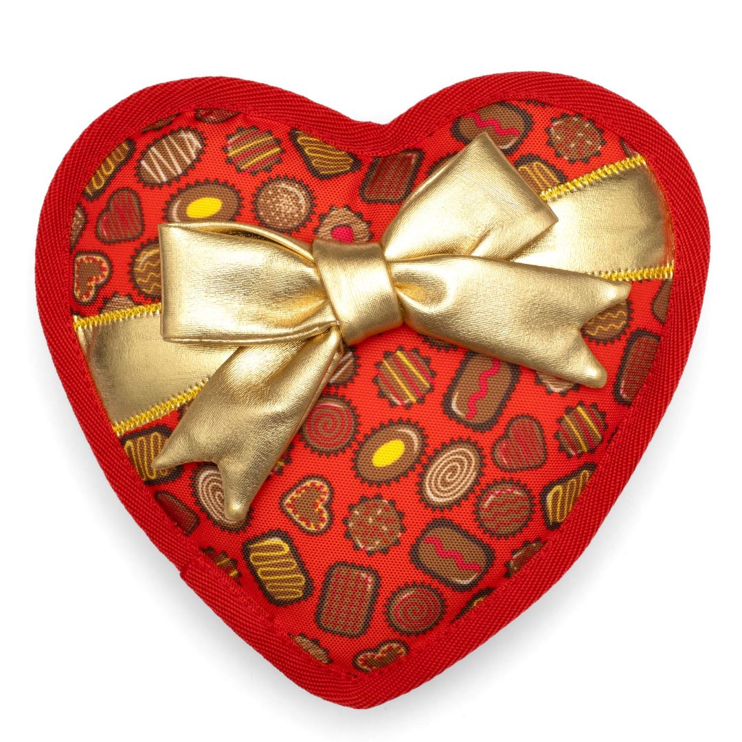 Heart shaped red with gold bow dog toy