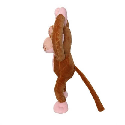 Side view of a plush monkey-shaped dog toy with an angry expression, standing upright with arms raised above its head