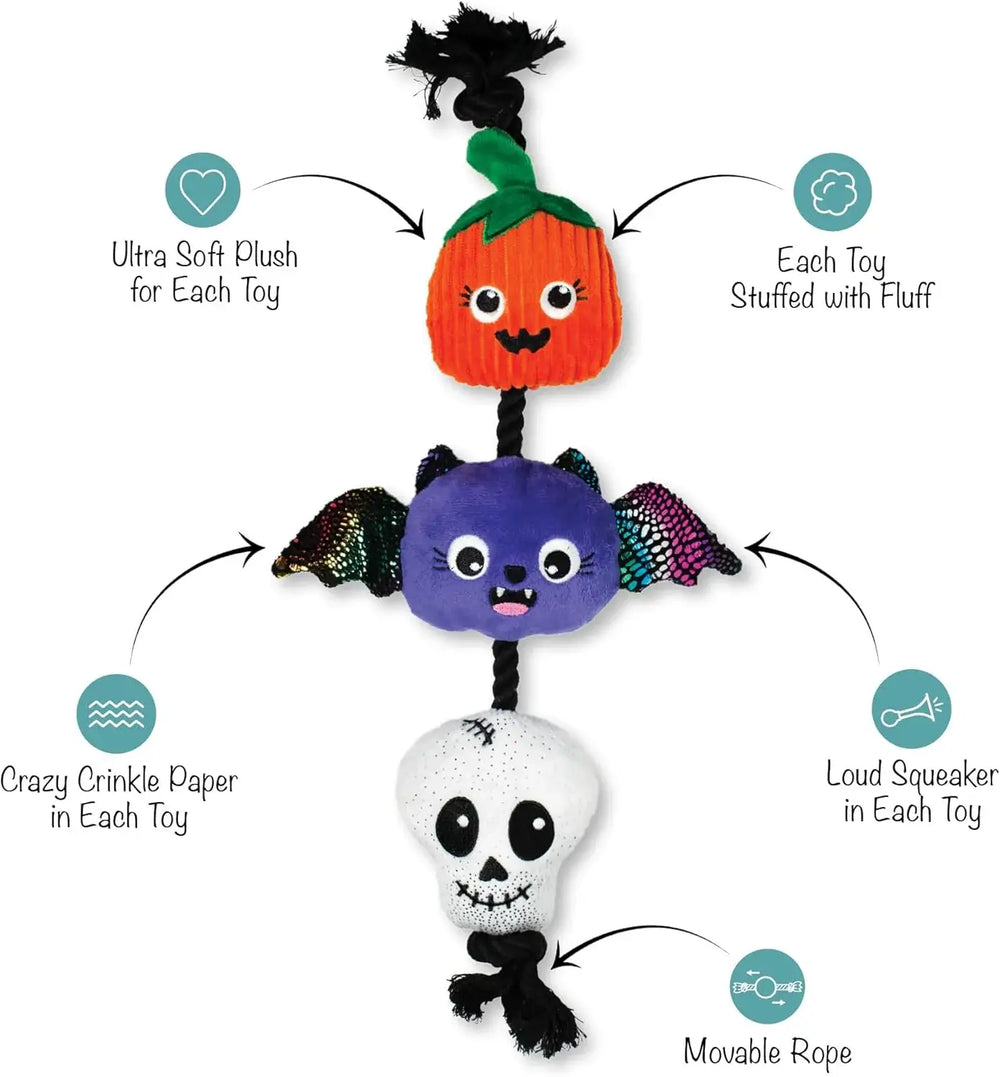 Halloween-themed plush toys with features highlighted on a white background