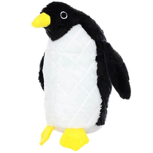 A plush penguin-shaped dog toy with black and white body, yellow beak and feet, and embroidered eyes. Designed for durable play.