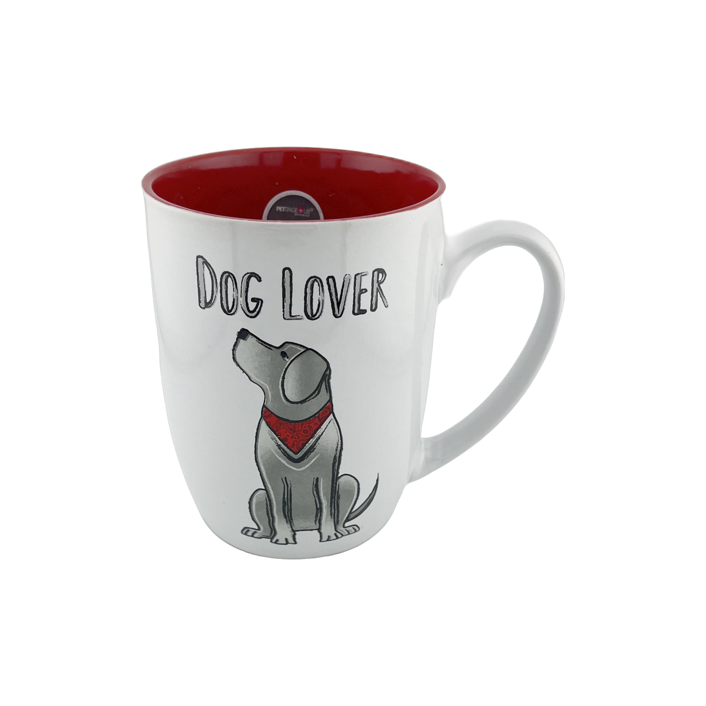 A white ceramic mug with a red interior, featuring an illustration of a sitting dog wearing a red bandana. The text "Dog Lover" is displayed above the dog graphic. This 24 oz mug is perfect for dog lovers, adding a pop of color to your drinkware collection. Dishwasher and microwave safe.