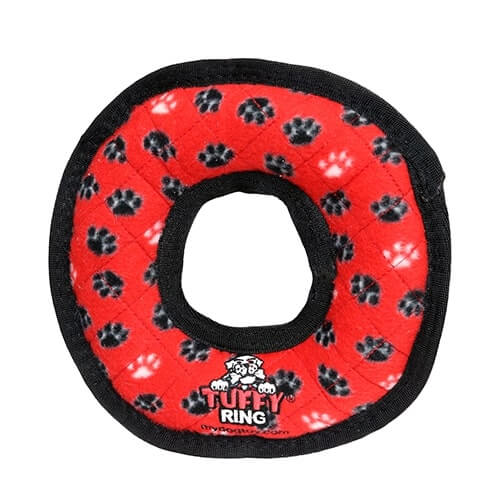 Red Tuffy ring dog toy with black paw prints and a durable, soft design.