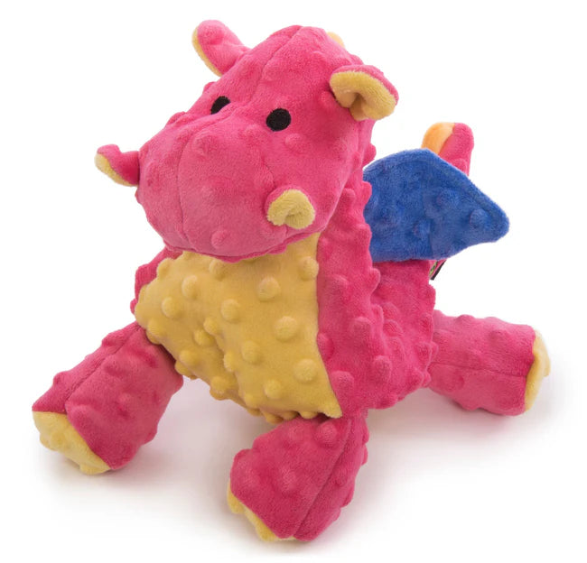 Plush dragon toy with pink body, yellow wings, and blue tail on a white background