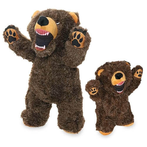 Two plush bear-shaped dog toys with brown fur, open mouths showing teeth, and raised paws, one larger and one smaller.