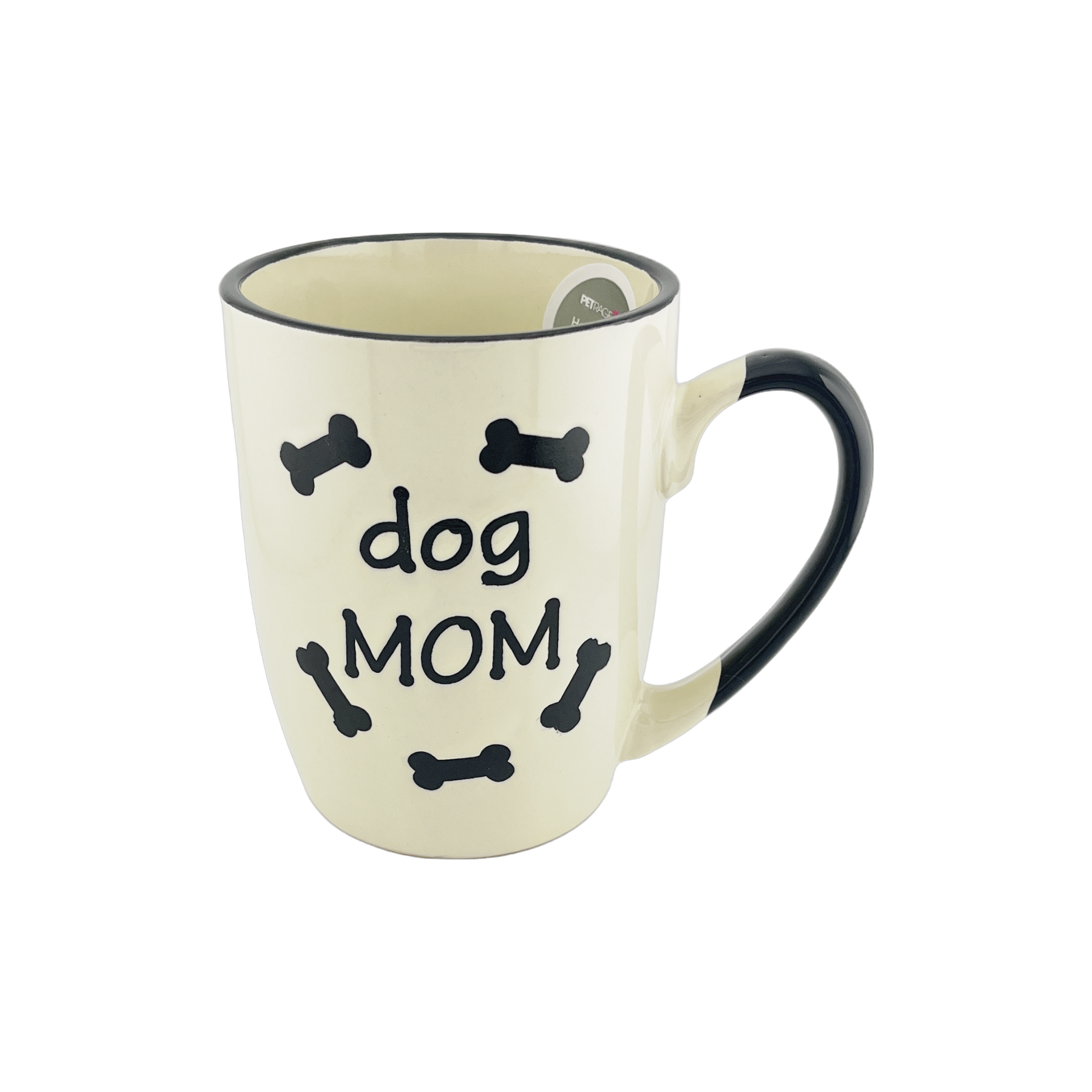 A small ceramic mug with a white base and black handle, featuring the text "dog MOM" surrounded by small black bone shapes. The design is simple and appealing, ideal for dog lovers, especially those who identify as dog moms.