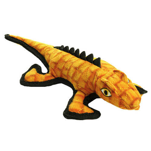 Front and side view of the plush Gila monster dog toy, showcasing its bright orange body, yellow eyes, and black spine.