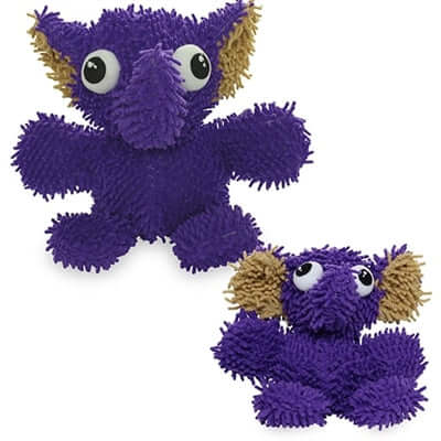 Two plush dog toys with purple microfiber bodies, large cartoon-like eyes, and textured yellow ears. One is larger, and the other is a smaller version.