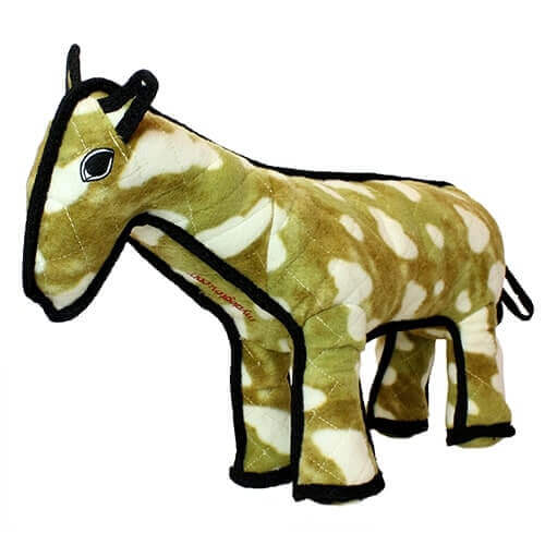 Side view of a plush horse dog toy from Tuffy with a camouflage-like pattern and black outlines.