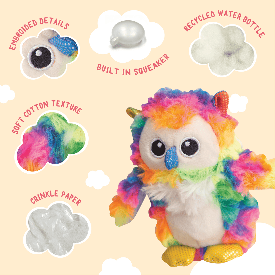 Colorful owl plush toy with features listed on a beige background