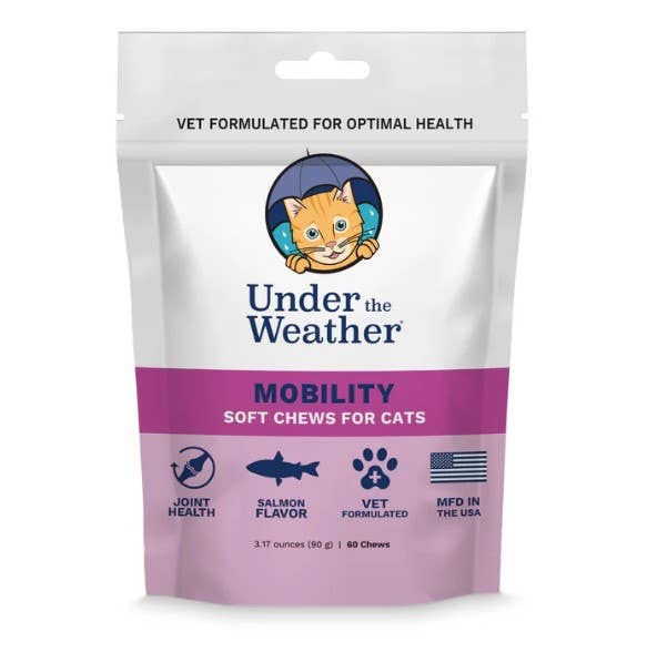 Package of Under the Weather Mobility soft chews for cats on a white background