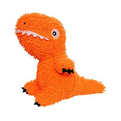 A bright orange plush dinosaur-shaped dog toy with shaggy microfiber texture, small arms, and a wide open mouth with white teeth.