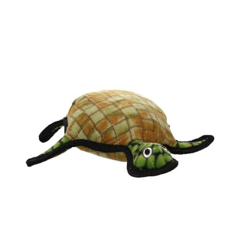 Front angle of the Tuffy turtle dog toy, highlighting the green head and legs with a soft, durable body.