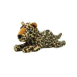 Small plush leopard dog toy with a spotted design and soft texture, laying on its belly.